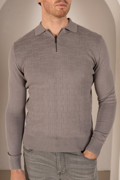 Geometric Long Sleeve Polo - Light Grey