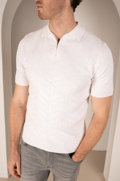 Geometric Knitted Quarter Zip Polo Shirt - White