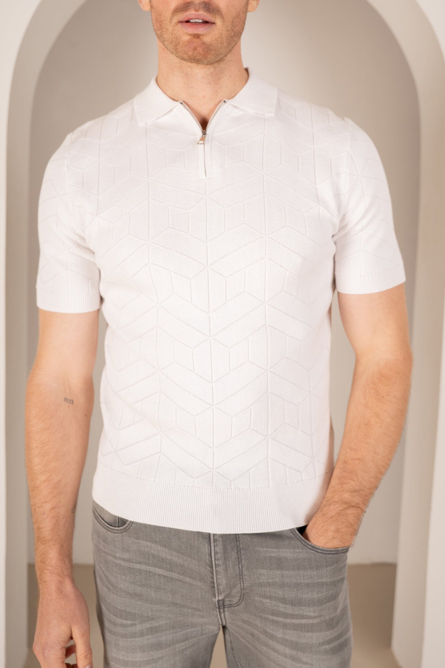 Geometric Knitted Quarter Zip Polo Shirt - White