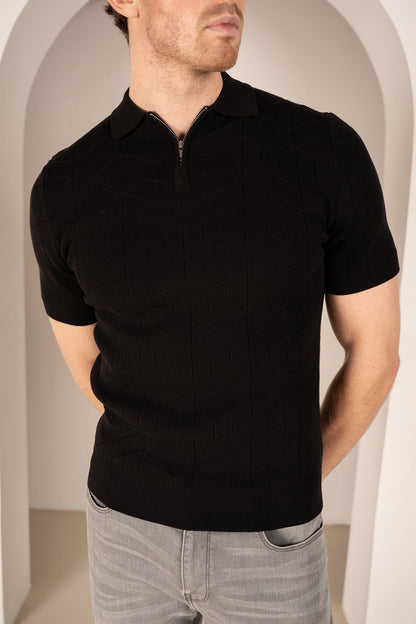 Geometric Knitted Quarter Zip Polo Shirt - Black