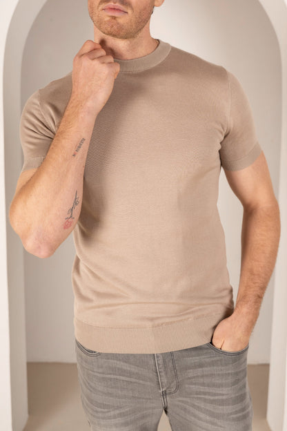 Ultra Fine Slim Fit Knit T-Shirt - Stone