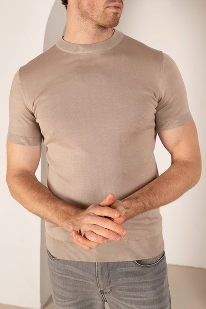Ultra Fine Slim Fit Knit T-Shirt - Stone