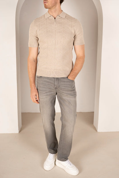 Geometric Knitted Quarter Zip Polo Shirt - Stone