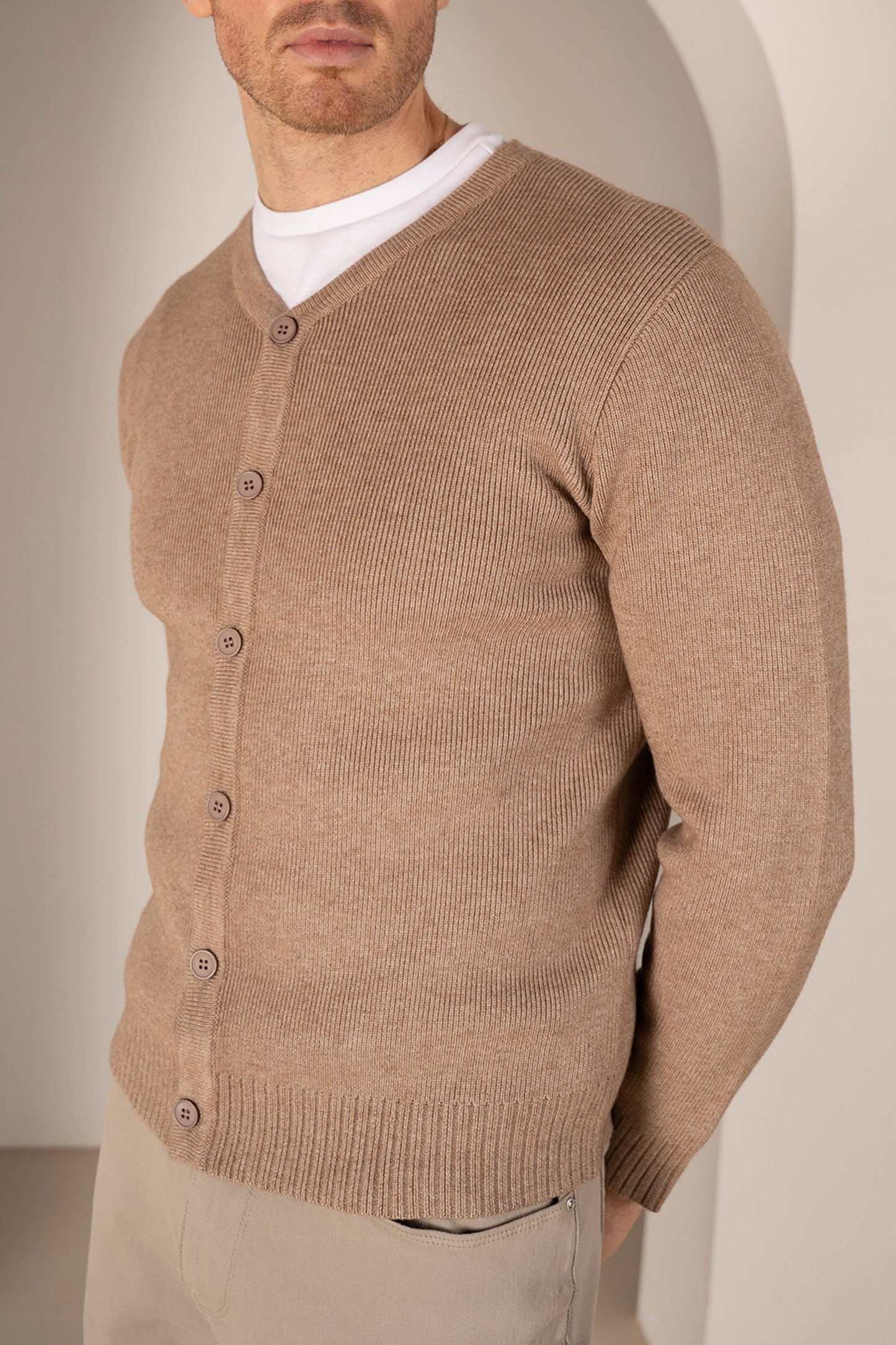 Y Neck Button Up Cardigan - Oatmeal