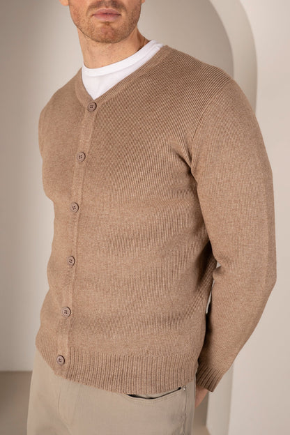 Y Neck Button Up Cardigan - Oatmeal