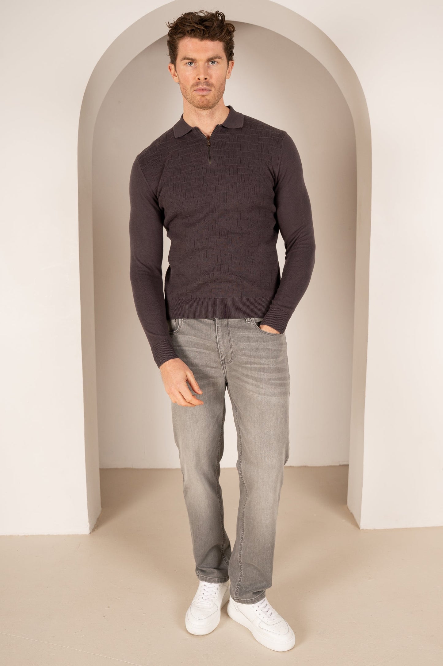 Geometric Long Sleeve Polo - Charcoal