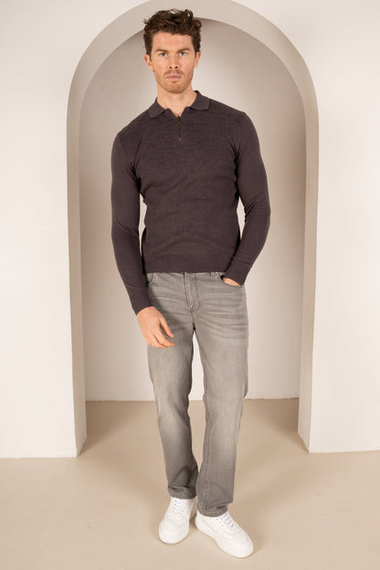 Geometric Long Sleeve Polo - Charcoal