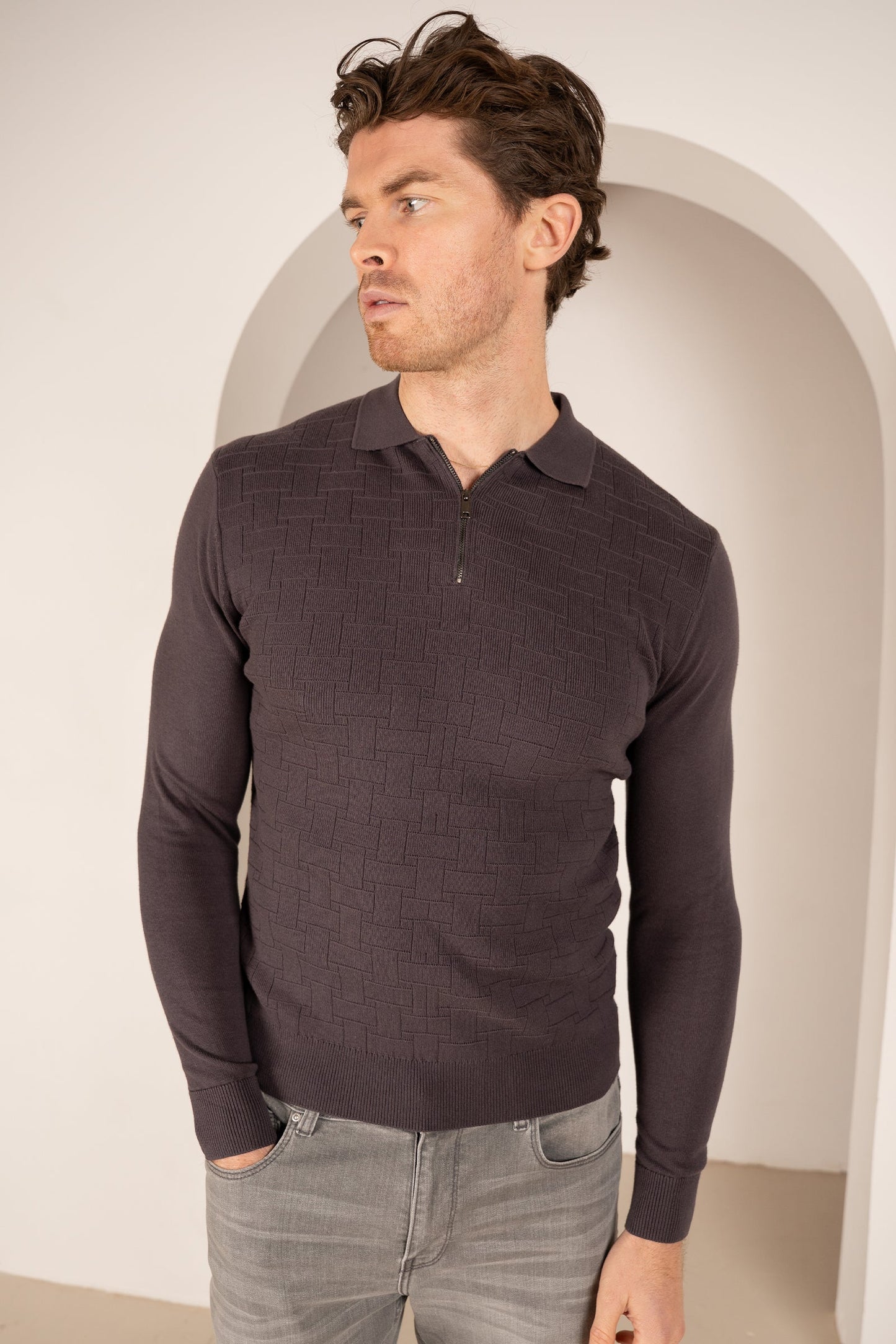 Geometric Long Sleeve Polo - Charcoal