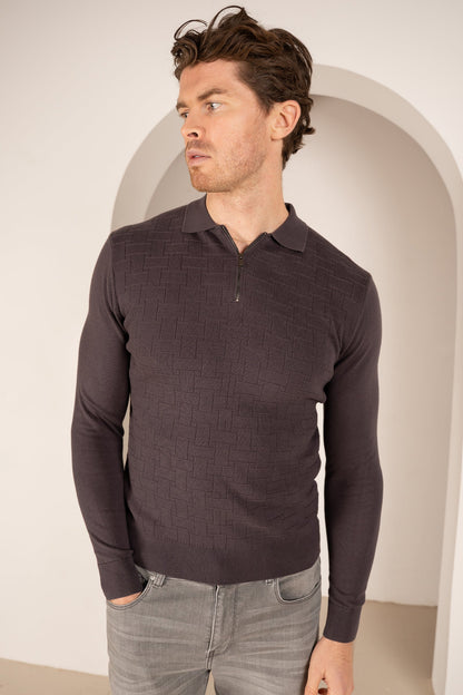 Geometric Long Sleeve Polo - Charcoal