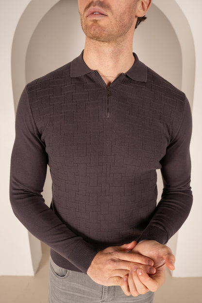 Geometric Long Sleeve Polo - Charcoal