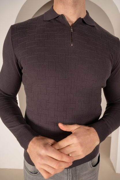 Geometric Long Sleeve Polo - Charcoal