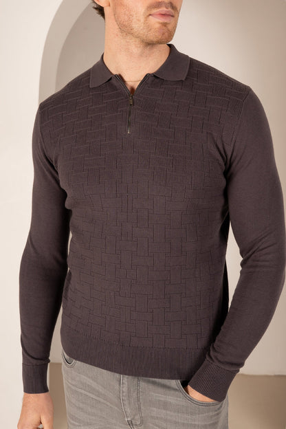 Geometric Long Sleeve Polo - Charcoal