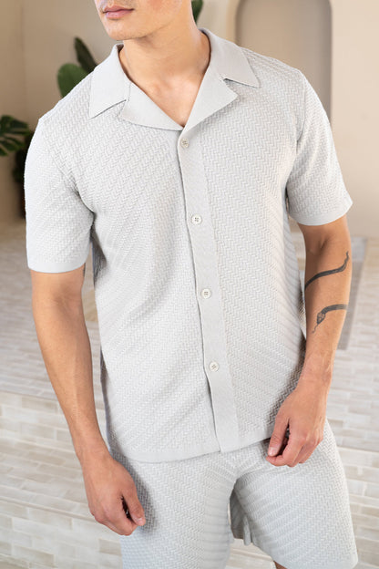 Herringbone Revere Collar Shirt - Grey