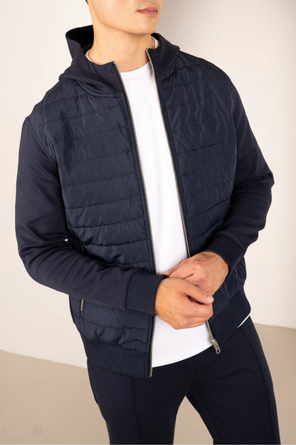 Hybrid Quilted Zip Through Hooded Jacket - Navy