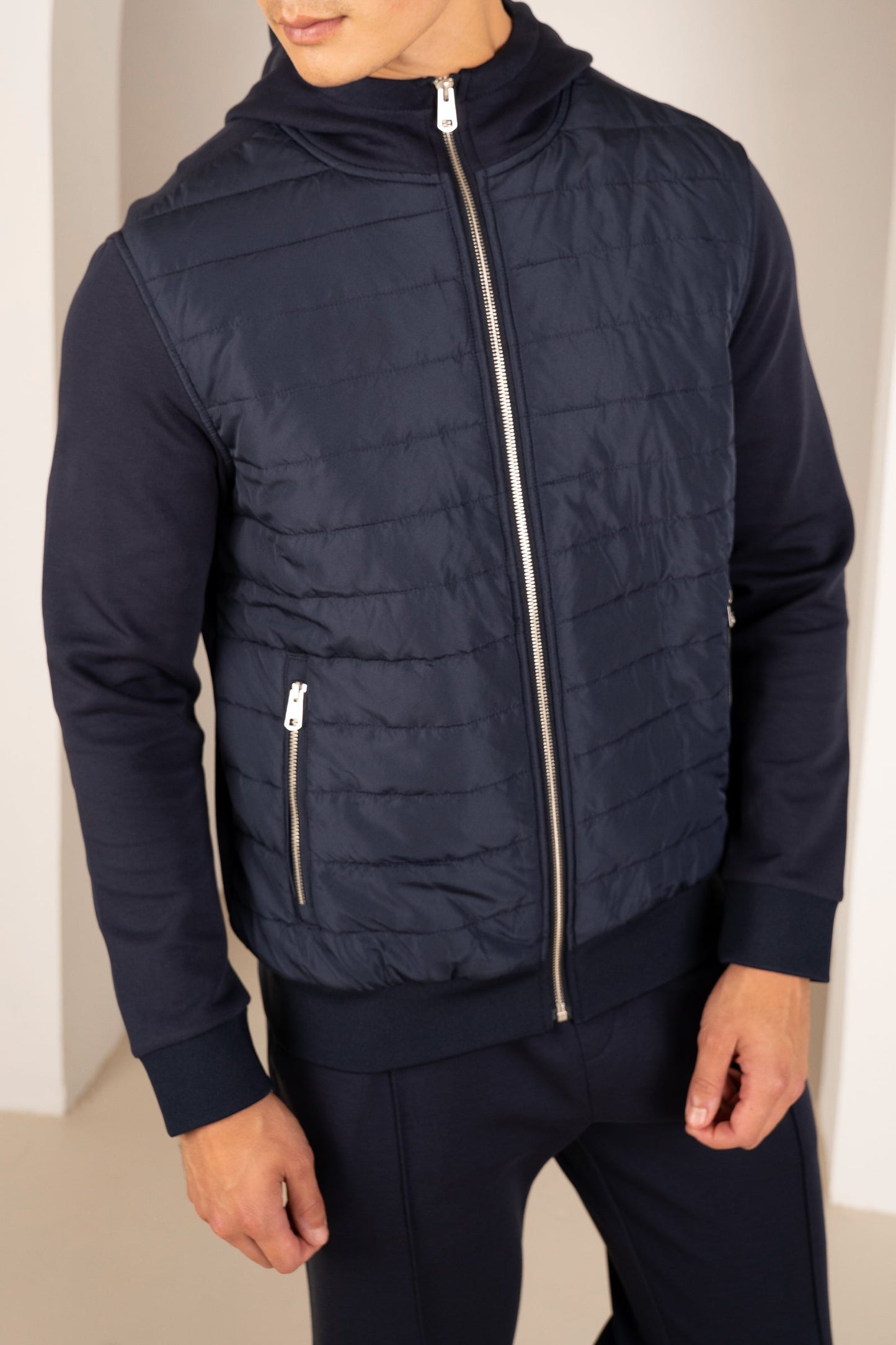 Hybrid Quilted Zip Through Hooded Jacket - Navy
