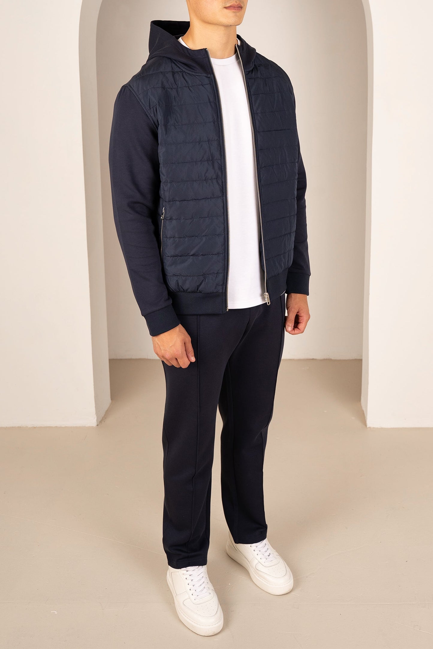 Hybrid Quilted Zip Through Hooded Jacket - Navy