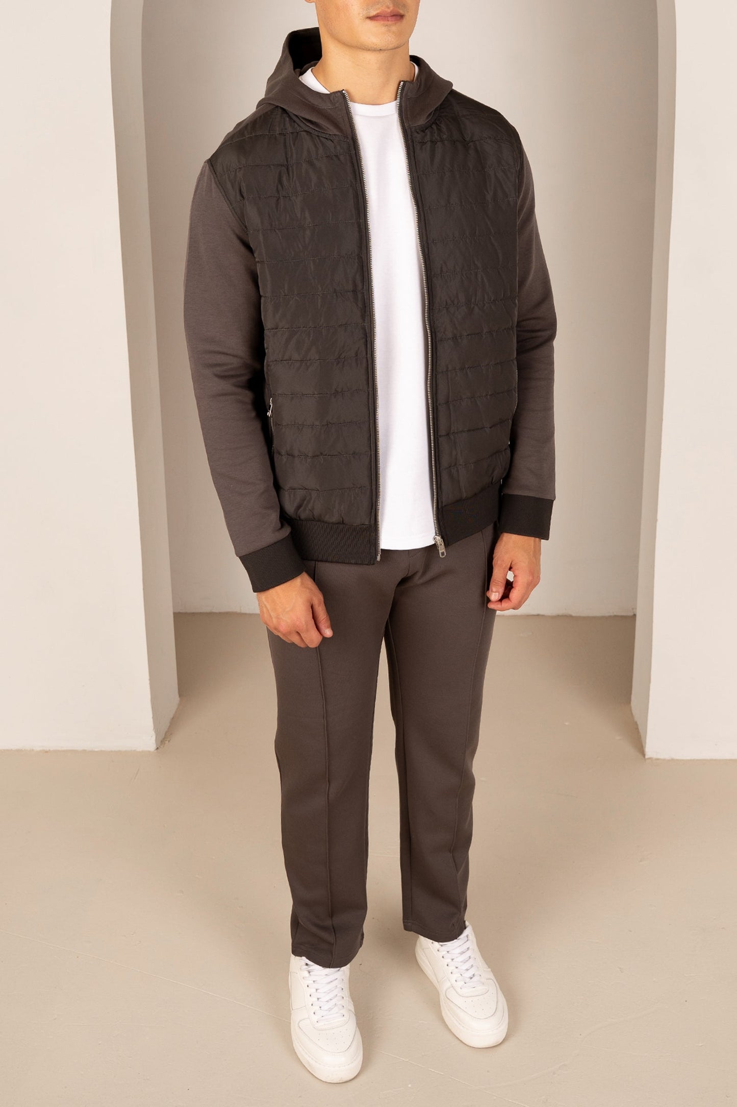 Hybrid Quilted Zip Through Hooded Jacket - Charcoal