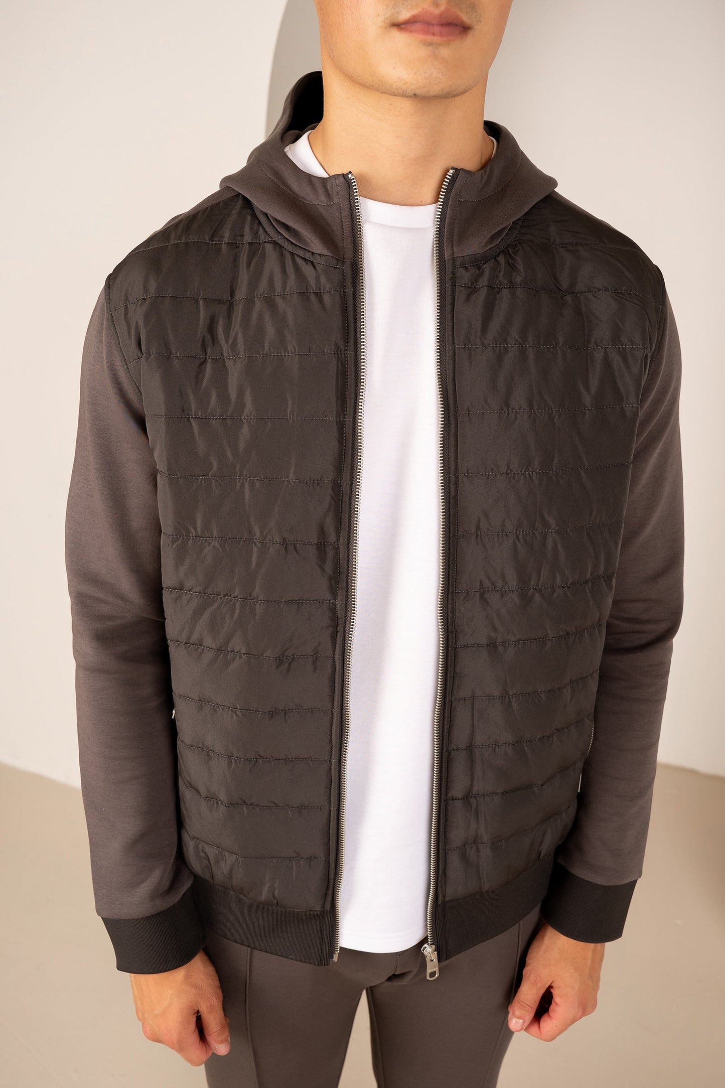 Hybrid Quilted Zip Through Hooded Jacket - Charcoal