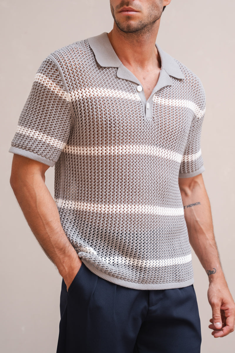 Knitted Stripe Revere Polo - Grey