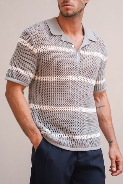 Knitted Stripe Revere Polo - Grey