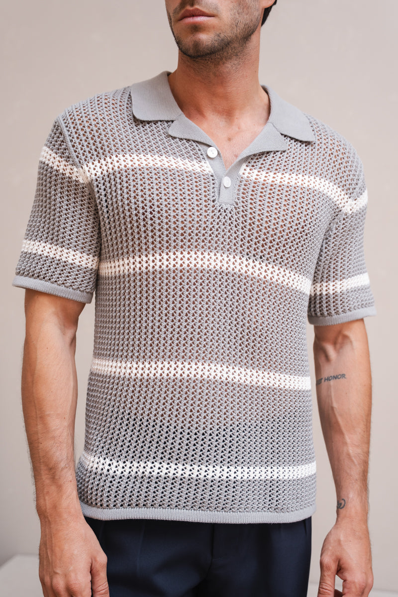 Knitted Stripe Revere Polo - Grey