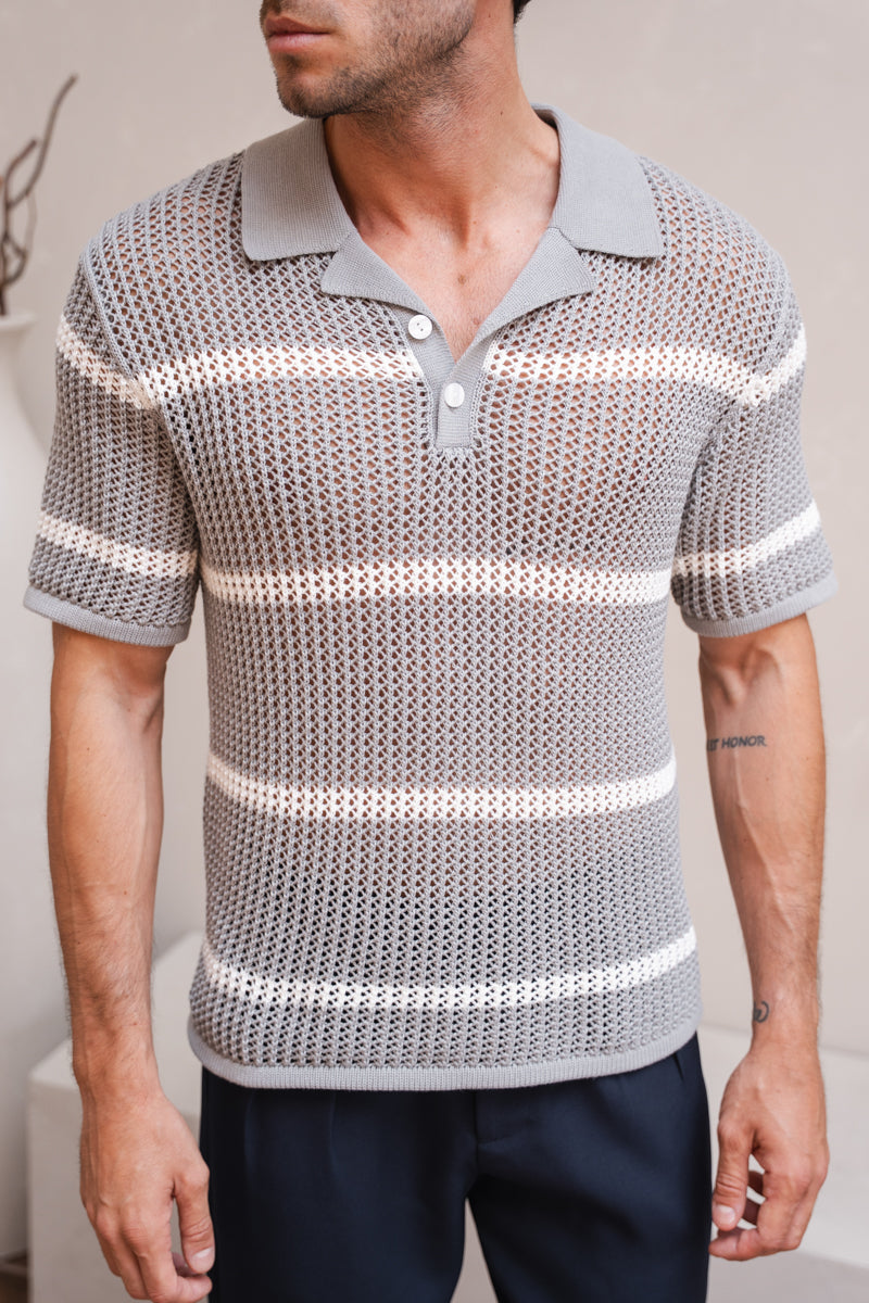 Knitted Stripe Revere Polo - Grey