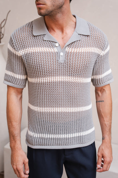 Knitted Stripe Revere Polo - Grey