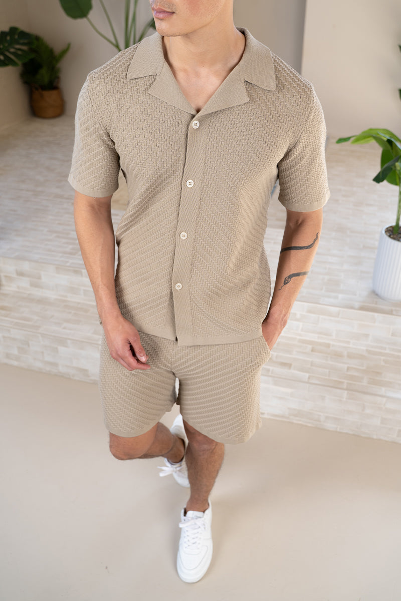 Herringbone Revere Collar Shirt - Taupe