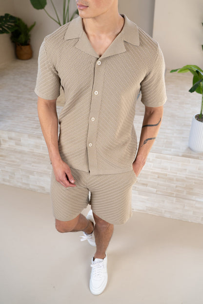 Herringbone Revere Collar Shirt - Taupe