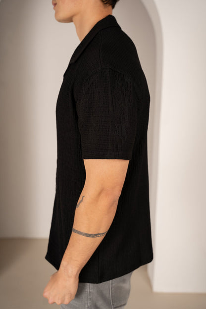 Seersucker Revere Collar Shirt - Black
