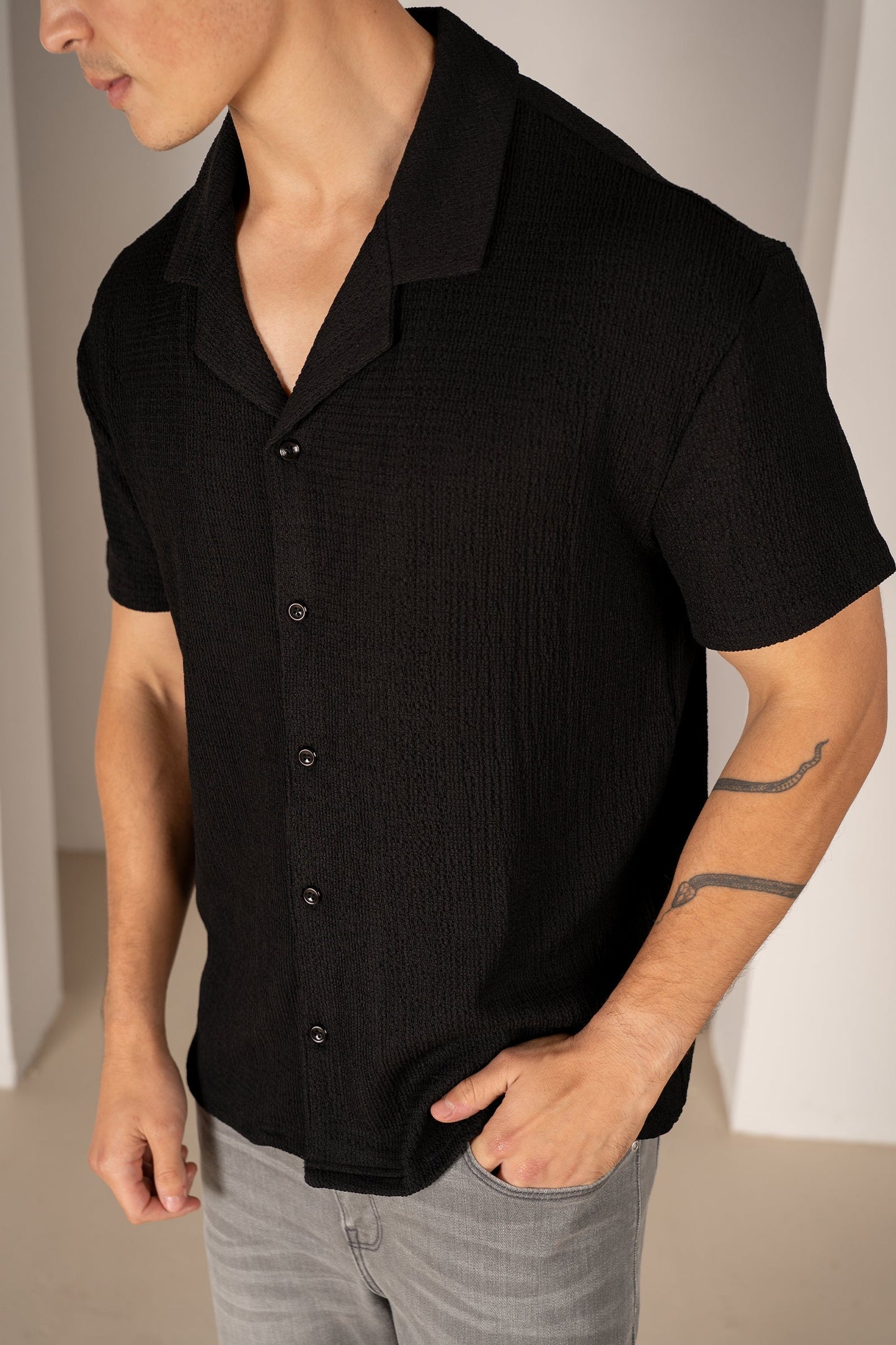 Seersucker Revere Collar Shirt - Black