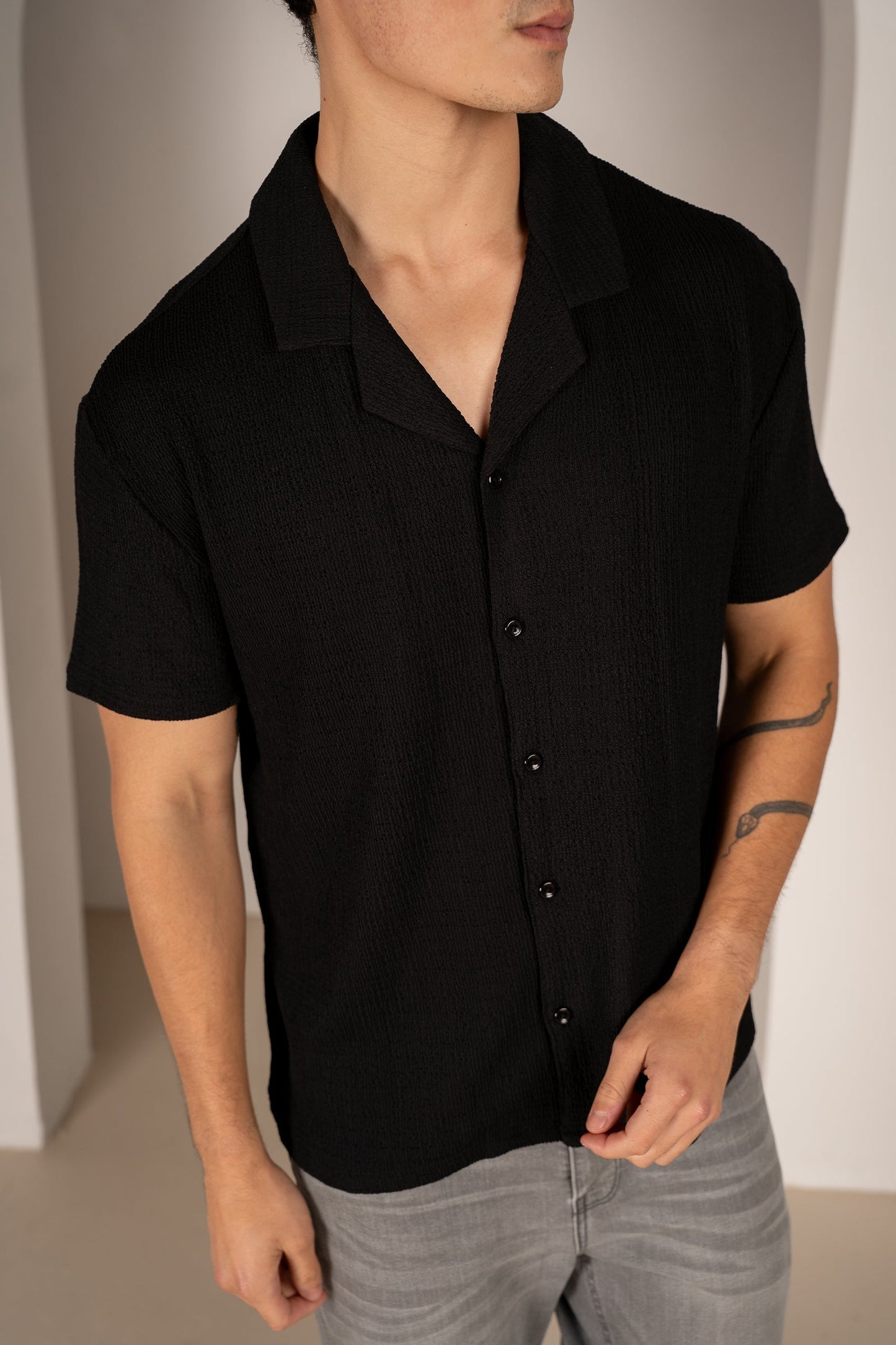 Seersucker Revere Collar Shirt - Black