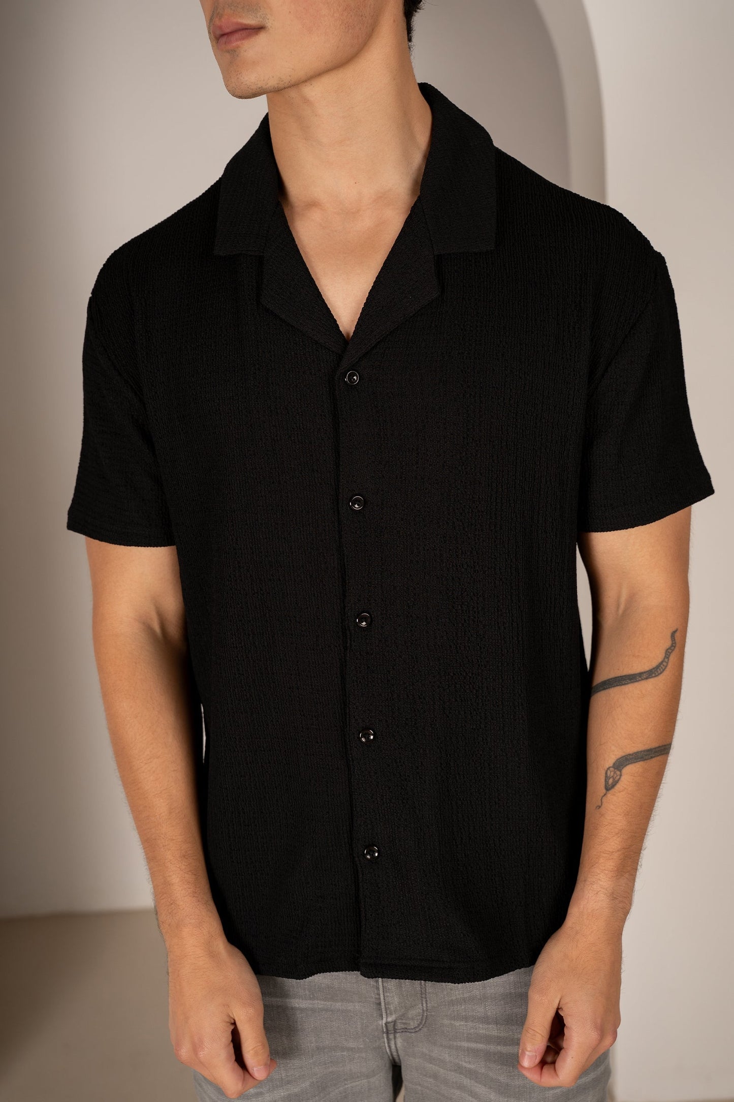 Seersucker Revere Collar Shirt - Black