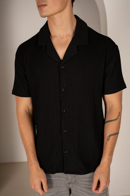 Seersucker Revere Collar Shirt - Black